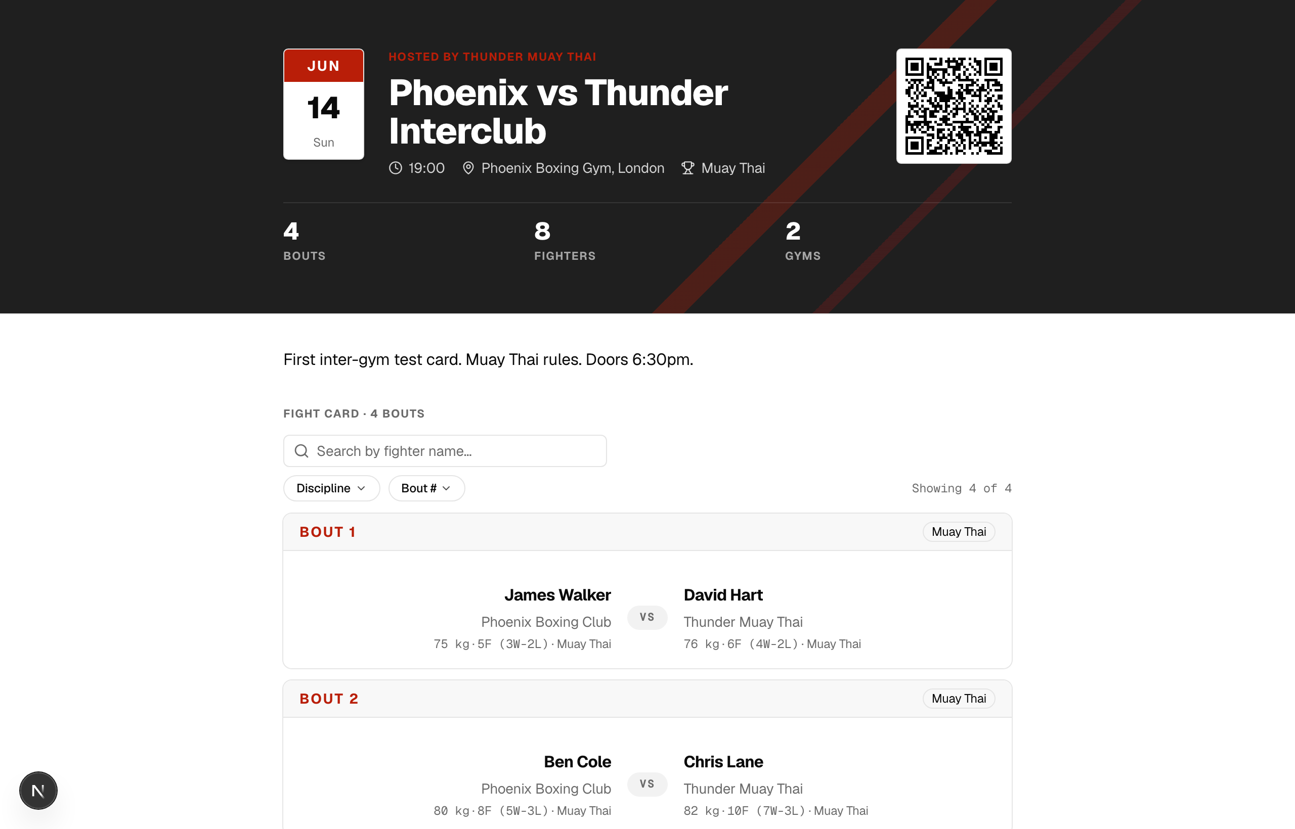 Published intaclub event page showing the matched fight card